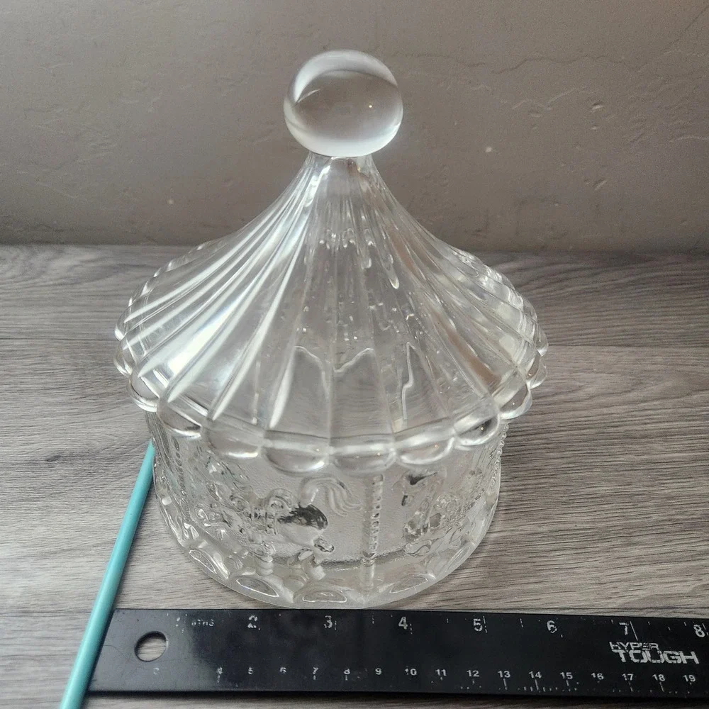 Vintage Clear‎ Pressed Glass Carousel Trinket Box Lidded Candy Dish Horse Swan